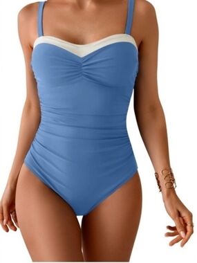Blue One-Piece Swimsuit with White Trim
